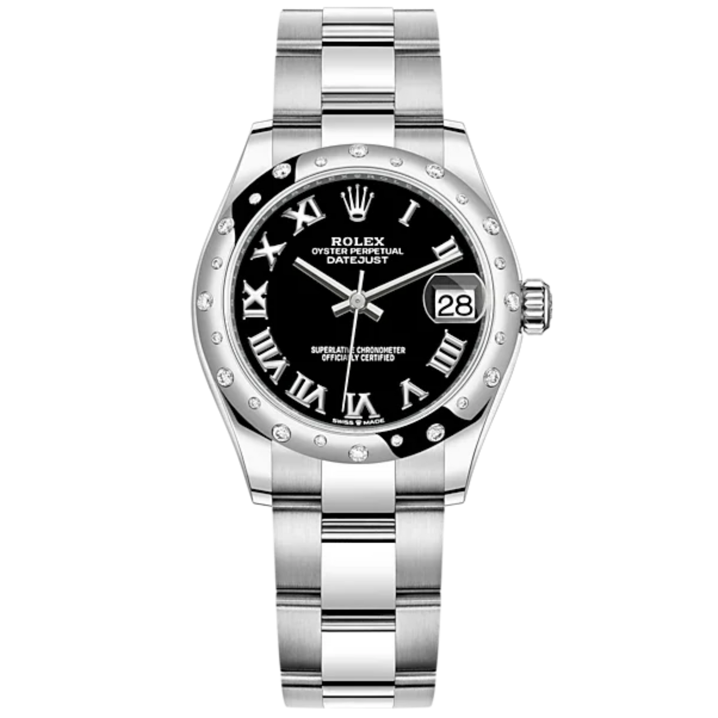 Datejust 31 31mm Oyster Bracelet Oystersteel and White Gold with Bright Black Dial Diamond-Set Bezel