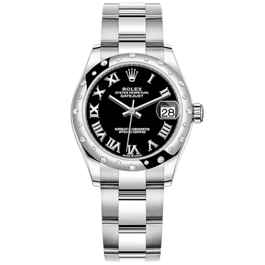 Datejust 31 31mm Oyster Bracelet Oystersteel and White Gold with Bright Black Dial Diamond-Set Bezel