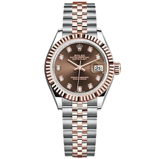 Lady-DateJust 28mm Oystersteel Jubilee Bracelet and Everose Gold with Chocolate Dial Diamond-Set Dial Fluted Bezel