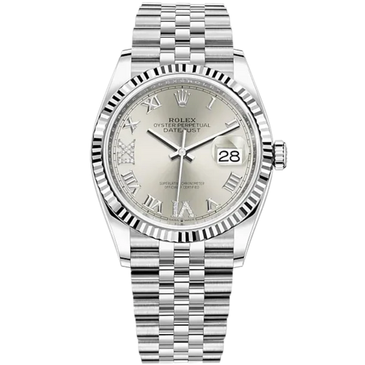 Rolex Datejust Ref. 126234 36mm Jubilee Bracelet and White Gold with Silver Roman Dial Fluted Bezel