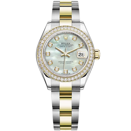 Lady-DateJust 28mm Oyster Oystersteel Bracelet and Yellow Gold with White Mother-of-Pearl Diamond-Set Dial Diamond-Set Bezel
