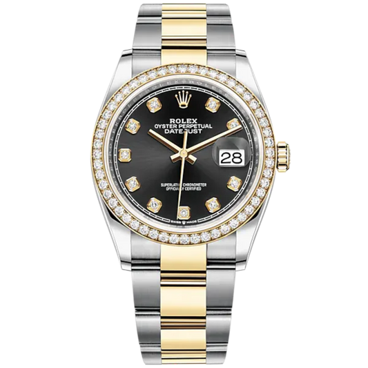 Datejust 36 36mm Oyster Bracelet Oystersteel and Yellow Gold with Bright Black Diamond-Set Dial Diamond-Set Bezel