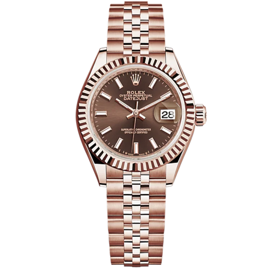 Lady-DateJust 28mm Jubilee Bracelet and 18 KT Everose Gold with Chocolate Dial Fluted Bezel
