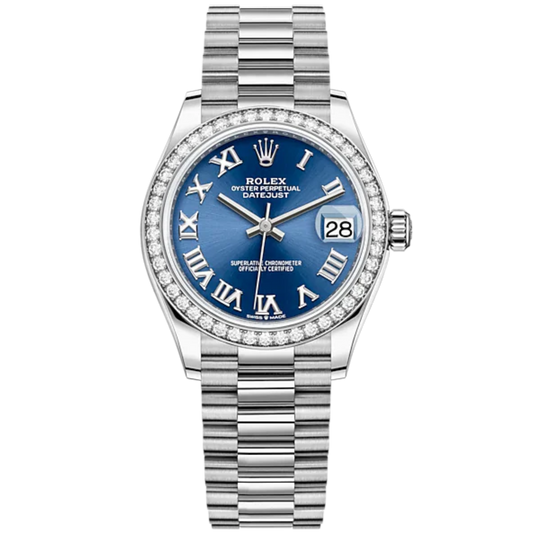 Datejust 31 31mm President Bracelet Oystersteel and White Gold with Bright Blue Dial Diamond-Set Bezel