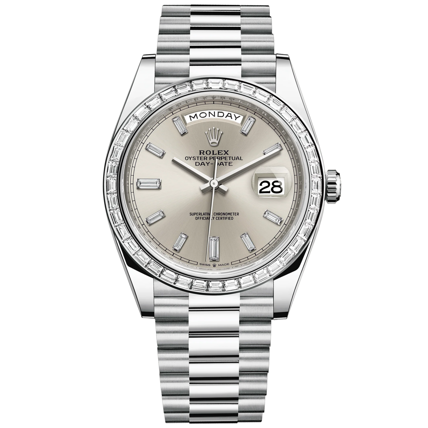 Day-Date 40 40mm President Bracelet and 18 KT White Gold with Silver Dial Diamond-Set Dial and Diamond-Set Bezel
