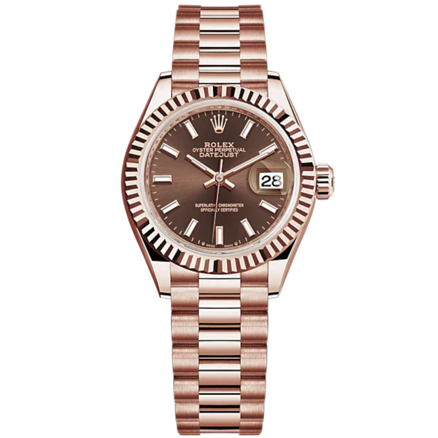 Lady-DateJust 28mm President Bracelet and 18 KT Everose Gold with Chocolate Dial Fluted Bezel