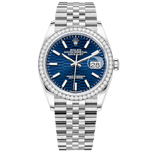 Datejust 36 36mm Oystersteel Jubilee Bracelet and White Gold with Bright Blue Fluted-Motif Dial Diamond-Set Bezel