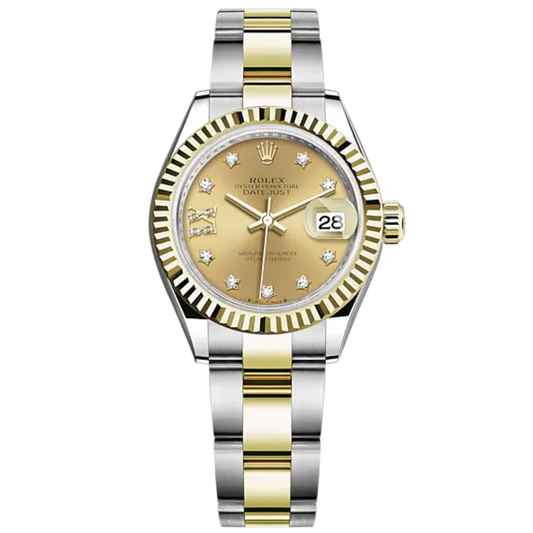 Lady-DateJust 28mm Oyster Oystersteel Bracelet and Yellow Gold with Champagne-Colour Dial Diamond-Set Dial Fluted Bezel