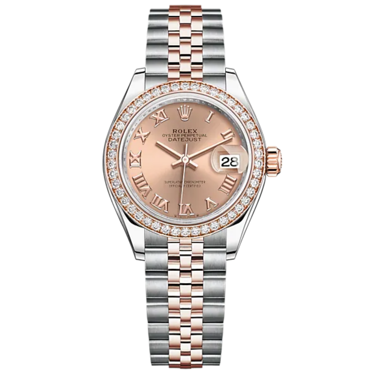 Lady-DateJust 28mm Oystersteel Jubilee Bracelet and Everose Gold with Rosé-Colour Roman Dial Diamond-Set Bezel