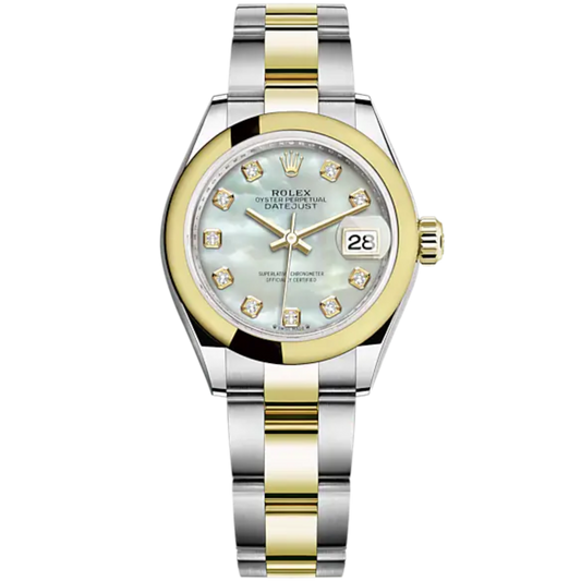Lady-DateJust 28mm Oyster Oystersteel Bracelet and Yellow Gold with White Mother-of-Pearl Diamond-Set Dial Domed Bezel