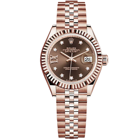 Lady-DateJust 28mm Jubilee Bracelet and 18 KT Everose Gold with Chocolate Dial Diamond-Set Dial Fluted Bezel