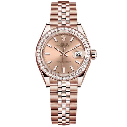 Lady-DateJust 28mm Jubilee Bracelet and 18 KT Everose Gold with Rosé-Colour Dial Diamond-Set Bezel