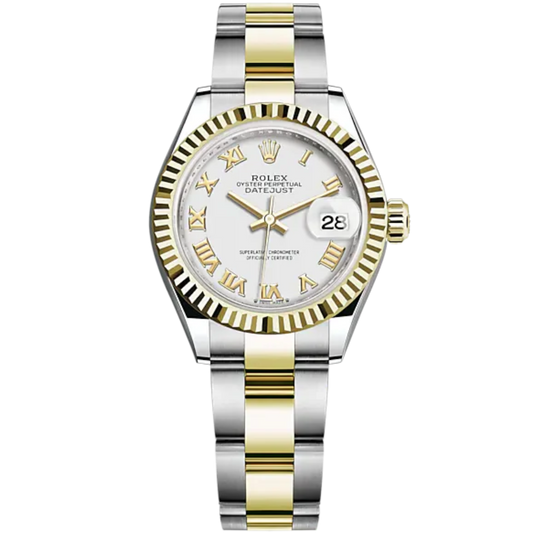 Lady-DateJust 28mm Oyster Oystersteel Bracelet and Yellow Gold with White Dial Fluted Bezel