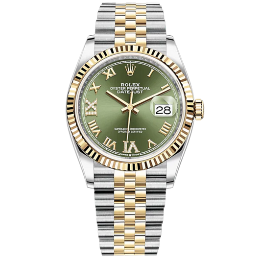 Datejust 36 36mm Oystersteel Jubilee Bracelet and Yellow Gold with Olive-Green Diamond-Set Dial Fluted Bezel
