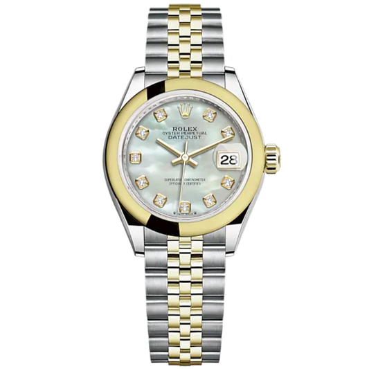 Lady-DateJust 28mm Oystersteel Jubilee Bracelet and Yellow Gold with White Mother-of-Pearl Diamond-Set Dial Domed Bezel