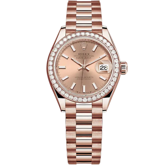 Lady-DateJust 28mm President Bracelet and 18 KT Everose Gold with Rosé-Colour Dial Diamond-Set Bezel