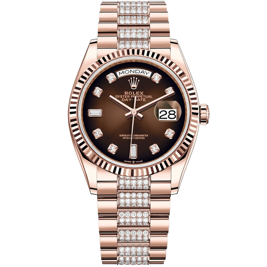 Day-Date 36 36mm Diamond-Set President Bracelet and 18 KT Everose Gold with Brown Ombré Dial Diamond-Set Dial Fluted Bezel