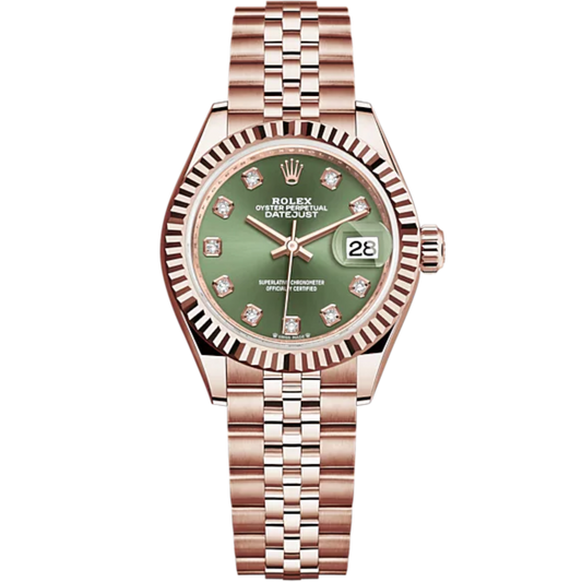 Lady-DateJust 28mm Jubilee Bracelet and 18 KT Everose Gold with Olive-Green Dial Diamond-Set Dial Fluted Bezel