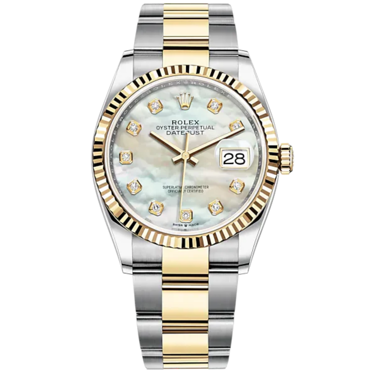 Datejust 36 36mm Oyster Bracelet Oystersteel and Yellow Gold with White Mother-of-Pearl Diamond-Set Dial Fluted Bezel