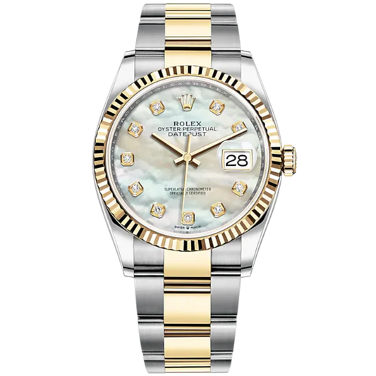 Datejust 36 36mm Oyster Bracelet Oystersteel and Yellow Gold with White Mother-of-Pearl Diamond-Set Dial Fluted Bezel