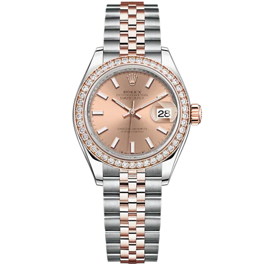 Lady-DateJust 28mm Oystersteel Jubilee Bracelet and Everose Gold with Rosé-Colour Dial Diamond-Set Bezel