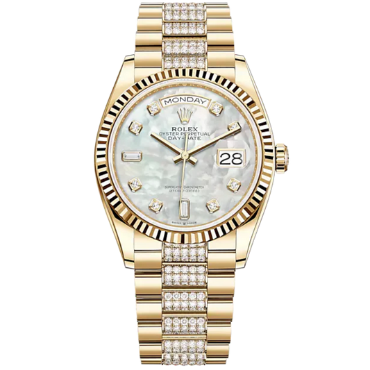 Day-Date 36 36mm Diamond-Set President Bracelet and 18 KT Yellow Gold with White Mother-of-Pearl Diamond-Set Dial Fluted Bezel