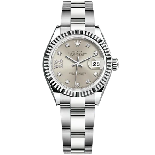 Lady-DateJust 28mm Oyster Oystersteel Bracelet and White Gold with Silver Dial Diamond-Set Dial Fluted Bezel