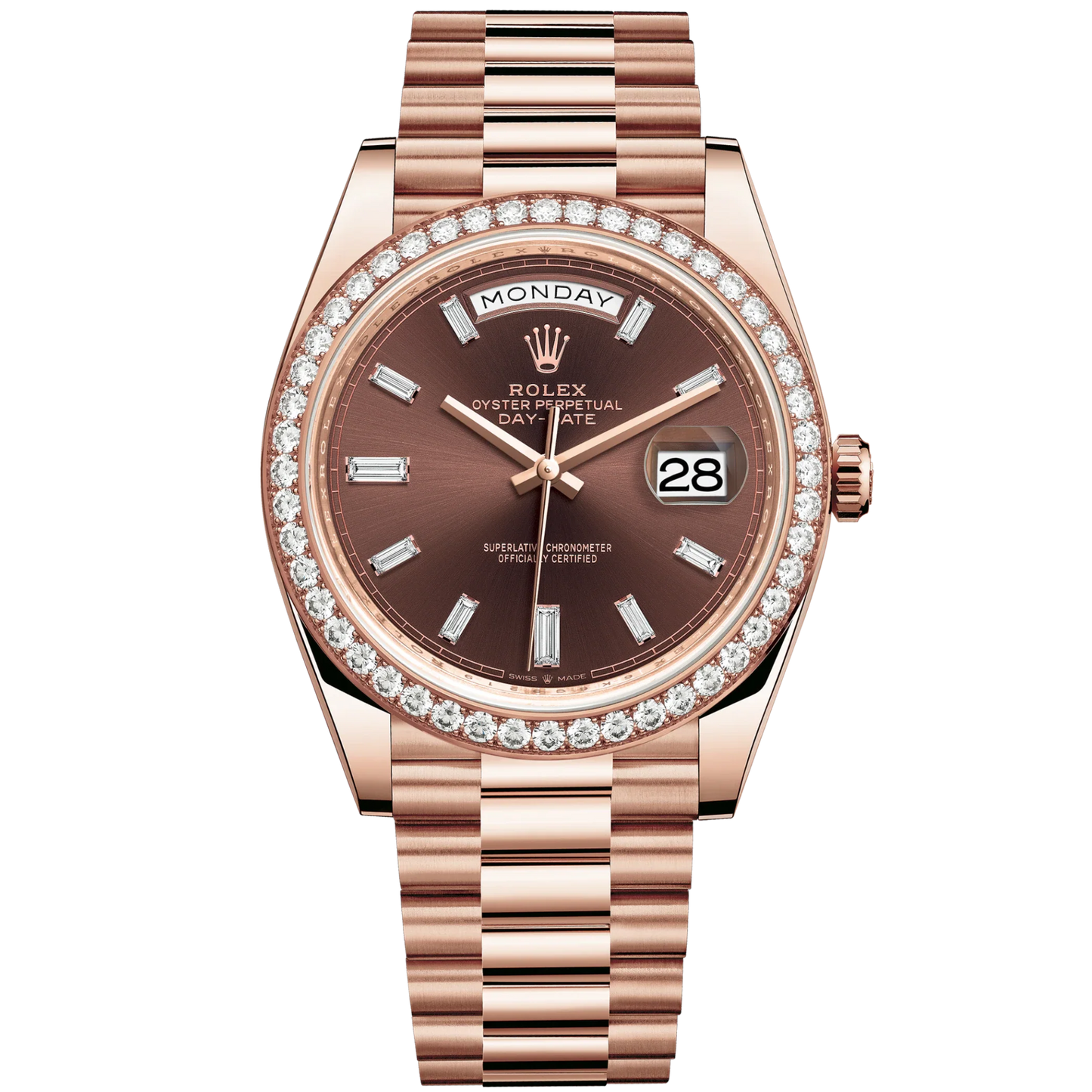 Day-Date 40 40mm President Bracelet and 18 KT Everose Gold with Chocolate Dial Diamond-Set Dial and Diamond-Set Bezel