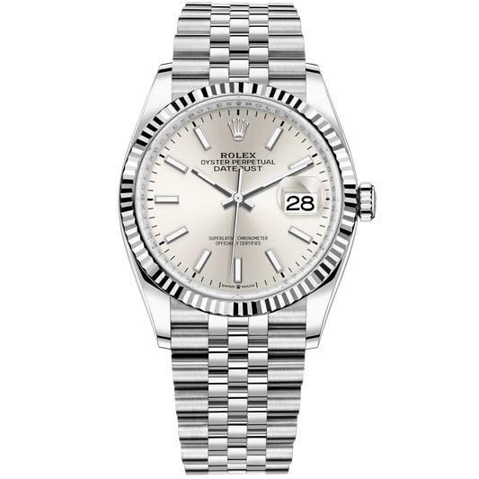 Rolex Datejust Ref. 126234 36mm Jubilee Bracelet and White Gold with Silver Stick Dial Fluted Bezel