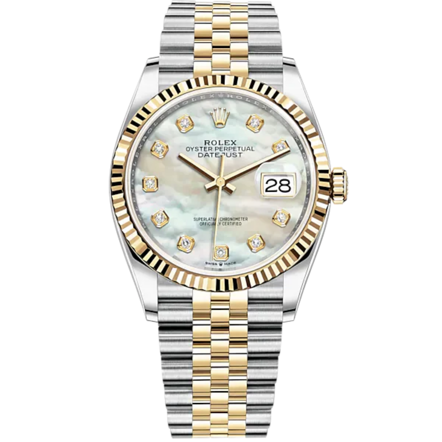 Datejust 36 36mm Oystersteel Jubilee Bracelet and Yellow Gold with White Mother-of-Pearl Diamond-Set Bezel