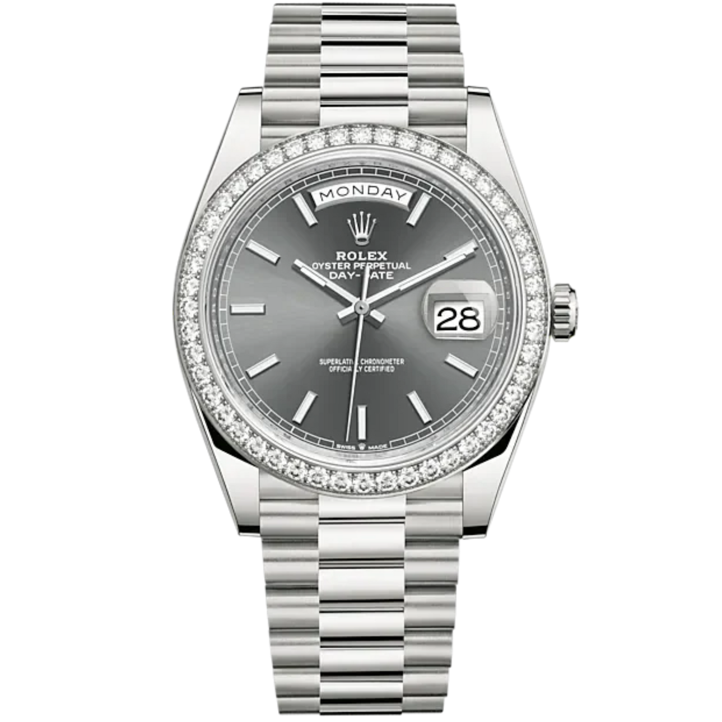 Day-Date 40 40mm President Bracelet and 18 KT White Gold with Slate Dial and Diamond-Set Bezel