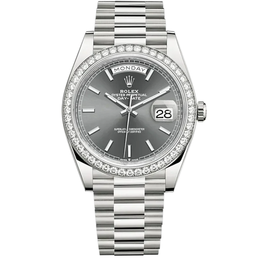Day-Date 40 40mm President Bracelet and 18 KT White Gold with Slate Dial and Diamond-Set Bezel