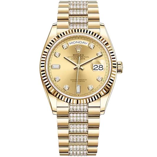 Day-Date 36 36mm Diamond-Set President Bracelet and 18 KT Yellow Gold with Champagne-Colour Dial Fluted Bezel