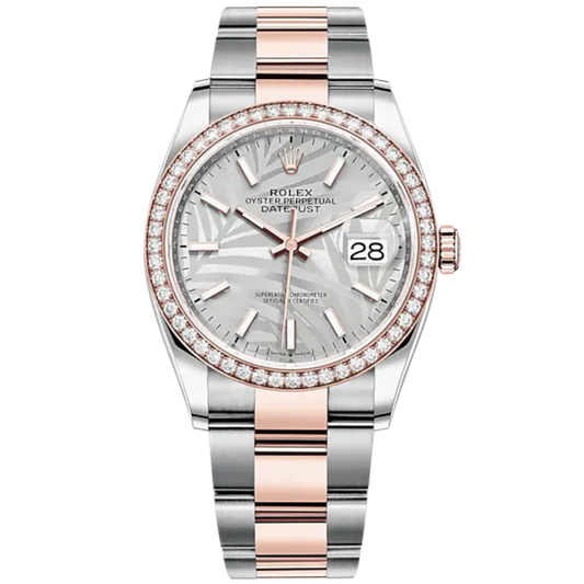 Datejust 36 36mm Oyster Bracelet Oystersteel and Everose Gold with Silver Palm-Motif Dial Diamond-Set Bezel