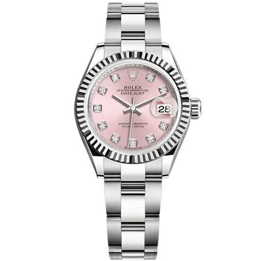 Lady-DateJust 28mm Oyster Oystersteel Bracelet and White Gold with Pink Dial Diamond-Set Dial Fluted Bezel