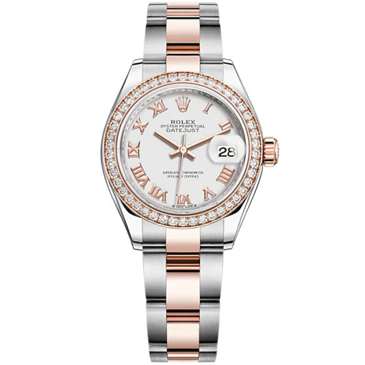 Lady-DateJust 28mm Oyster Oystersteel Bracelet and Everose Gold with White Dial Diamond-Set Bezel
