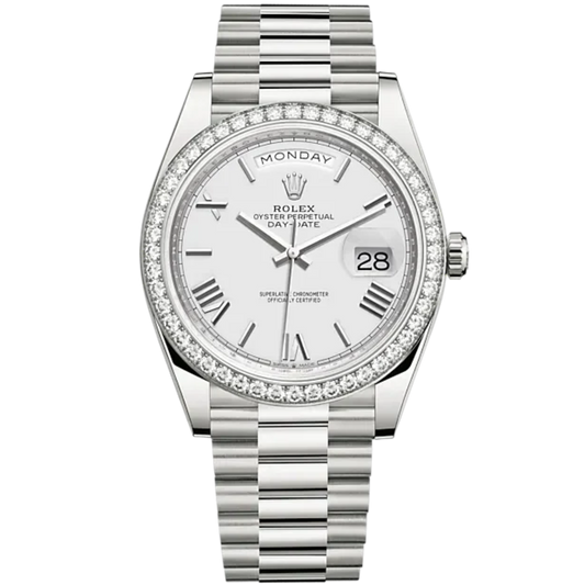 Day-Date 40 40mm President Bracelet and 18 KT White Gold with White Roman Dial and Diamond-Set Bezel