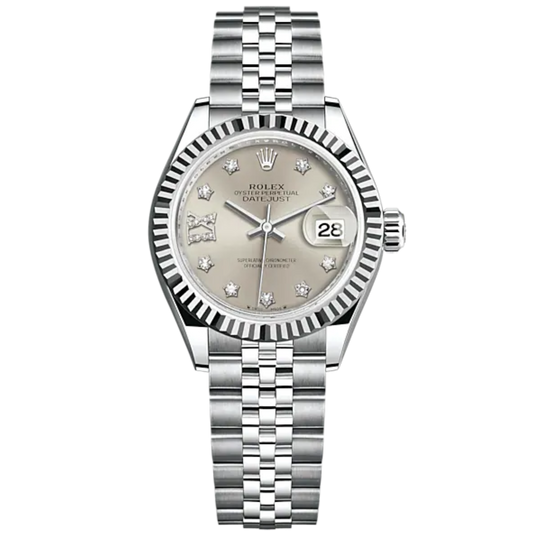 Lady-DateJust 28mm Oystersteel Jubilee Bracelet and White Gold with Silver Dial Diamond-Set Dial and Fluted Bezel