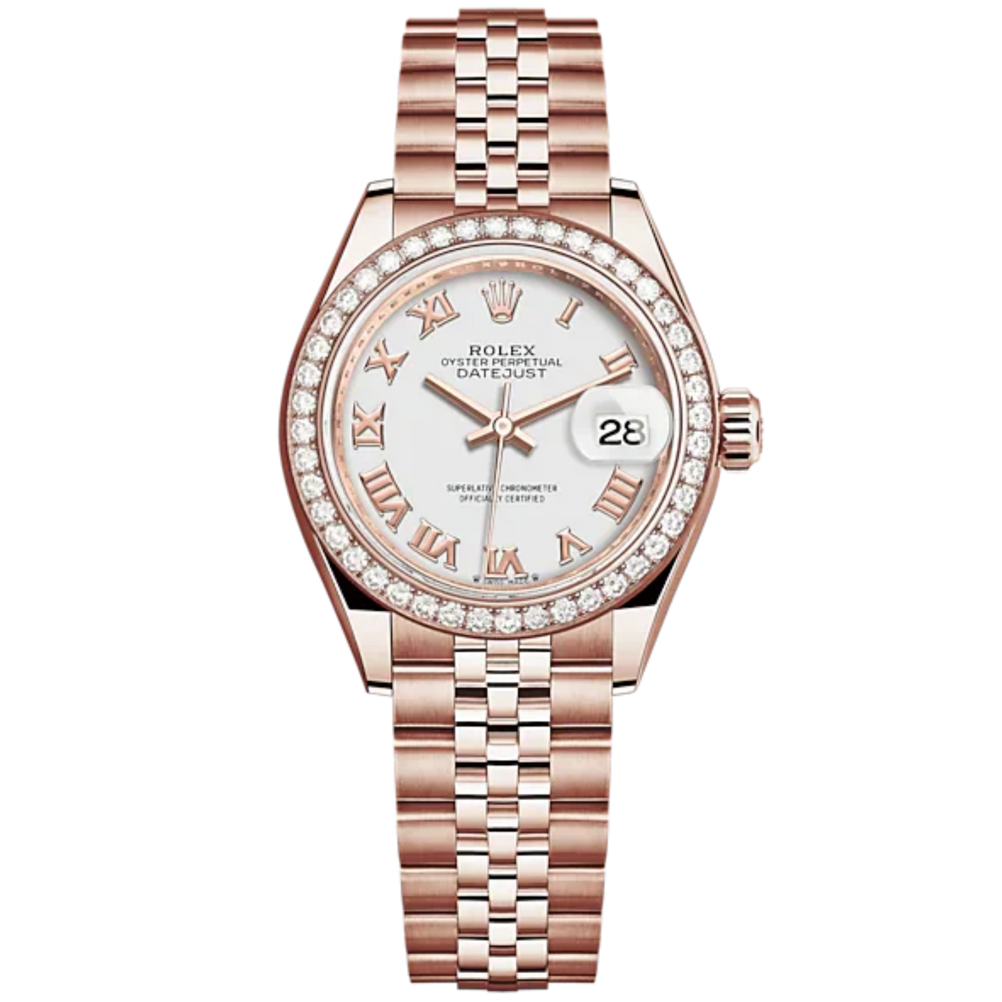 Lady-DateJust 28mm Jubilee Bracelet and 18 KT Everose Gold with White Dial Diamond-Set Bezel