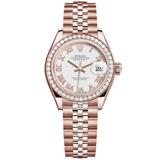 Lady-DateJust 28mm Jubilee Bracelet and 18 KT Everose Gold with White Dial Diamond-Set Bezel