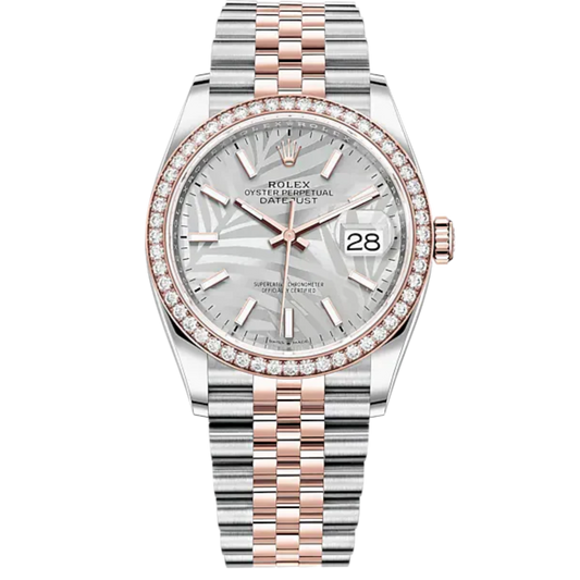 Datejust 36 36mm Oystersteel Jubilee Bracelet and Everose Gold with Silver Palm-Motif Dial Diamond-Set Bezel