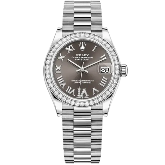 Datejust 31 31mm President Bracelet Oystersteel and White Gold with Dark Grey Dial Diamond-Set Bezel