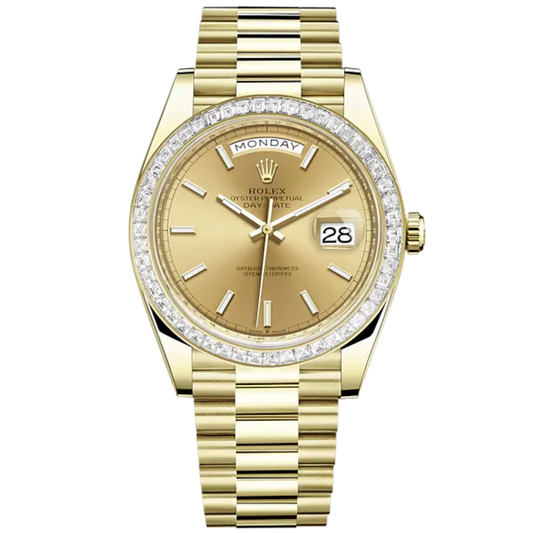Day-Date 40 40mm President Bracelet and 18 KT Yellow Gold with Champagne-Colour Index Dial and Diamond-Set Bezel