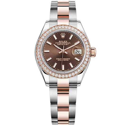 Lady-DateJust 28mm Oyster Oystersteel Bracelet and Everose Gold with Chocolate Dial Diamond-Set Bezel