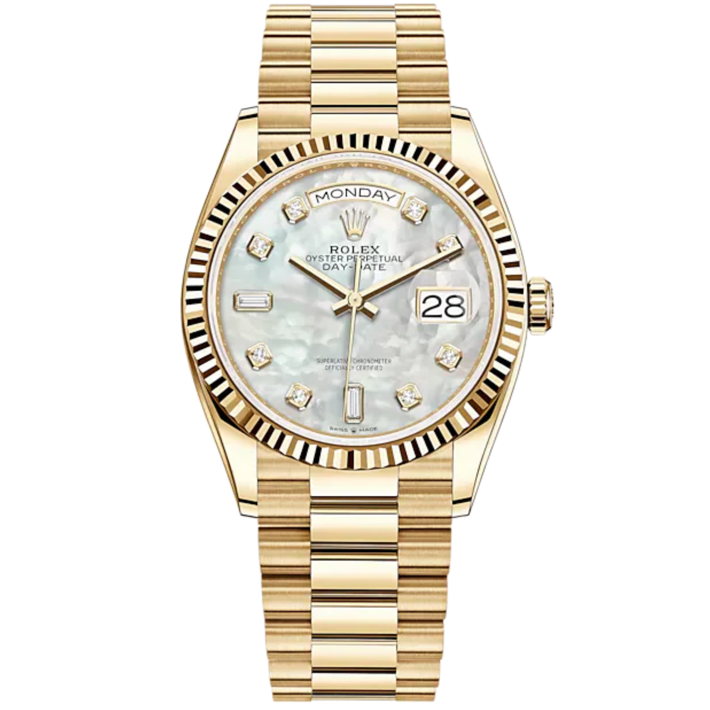 Day-Date 36 36mm President Bracelet and 18 KT Yellow Gold with White Mother-of-Pearl Dial Diamond-Set Dial Fluted Bezel