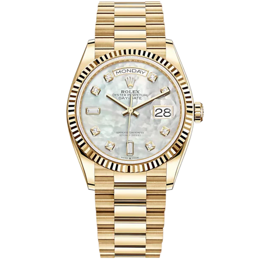 Day-Date 36 36mm President Bracelet and 18 KT Yellow Gold with White Mother-of-Pearl Dial Diamond-Set Dial Fluted Bezel