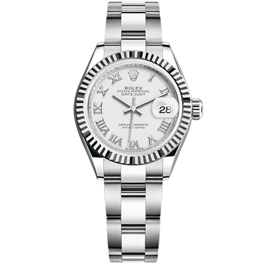 Lady-DateJust 28mm Oyster Oystersteel Bracelet and White Gold with White Dial and Fluted Bezel