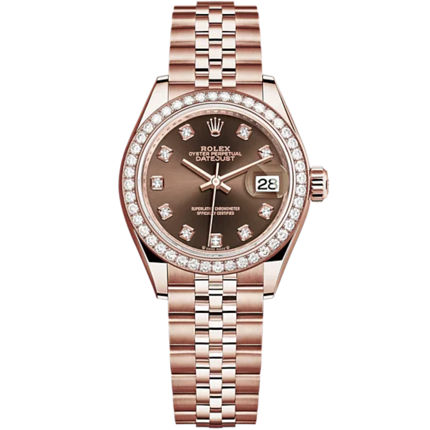 Lady-DateJust 28mm Jubilee Bracelet and 18 KT Everose Gold with Chocolate Dial Diamond-Set Dial and Diamond-Set Bezel