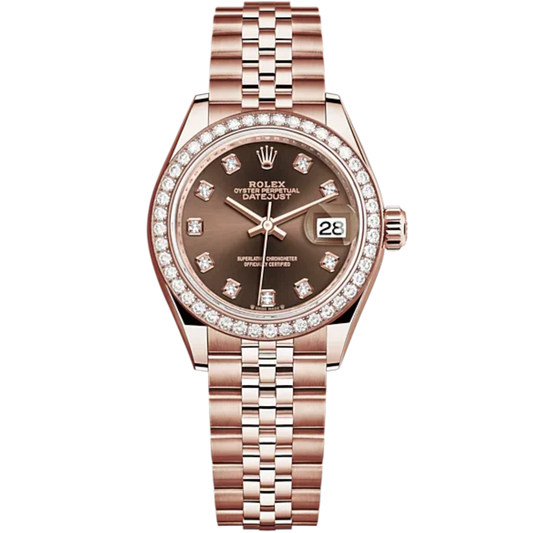 Lady-DateJust 28mm Jubilee Bracelet and 18 KT Everose Gold with Chocolate Dial Diamond-Set Dial and Diamond-Set Bezel