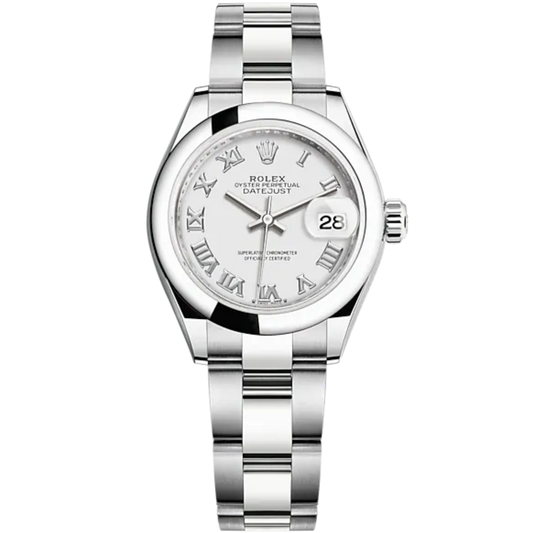 Lady-DateJust 28mm Oyster Oystersteel Bracelet with White Dial and Domed Bezel